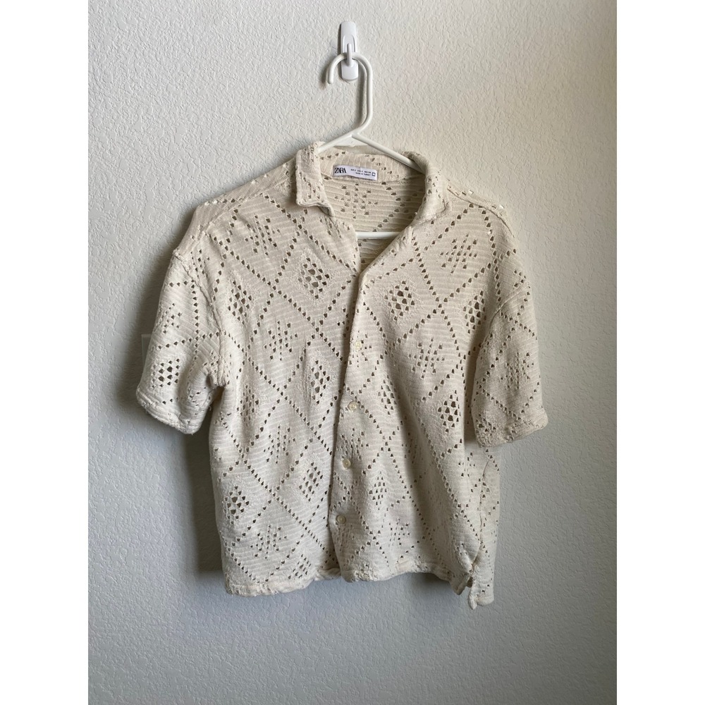 Zara Women Pointelle Diamond Knit Boho Button Down Shirt Size S Cream Coastal